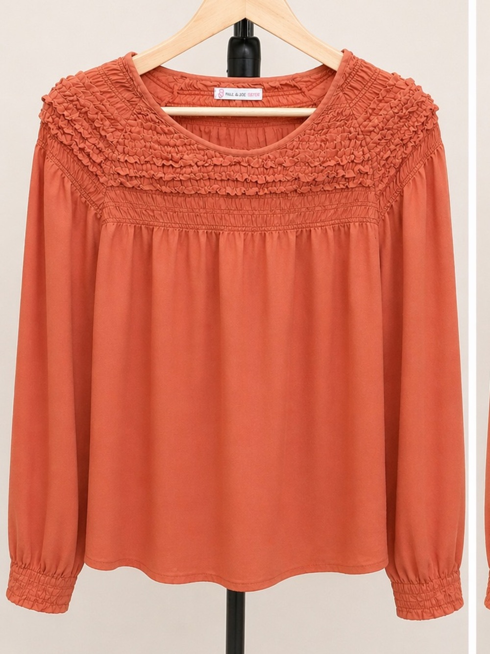 Women’s Rust Orange Smocked Blouse Long Sleeve Lightweight Boho Top Size M